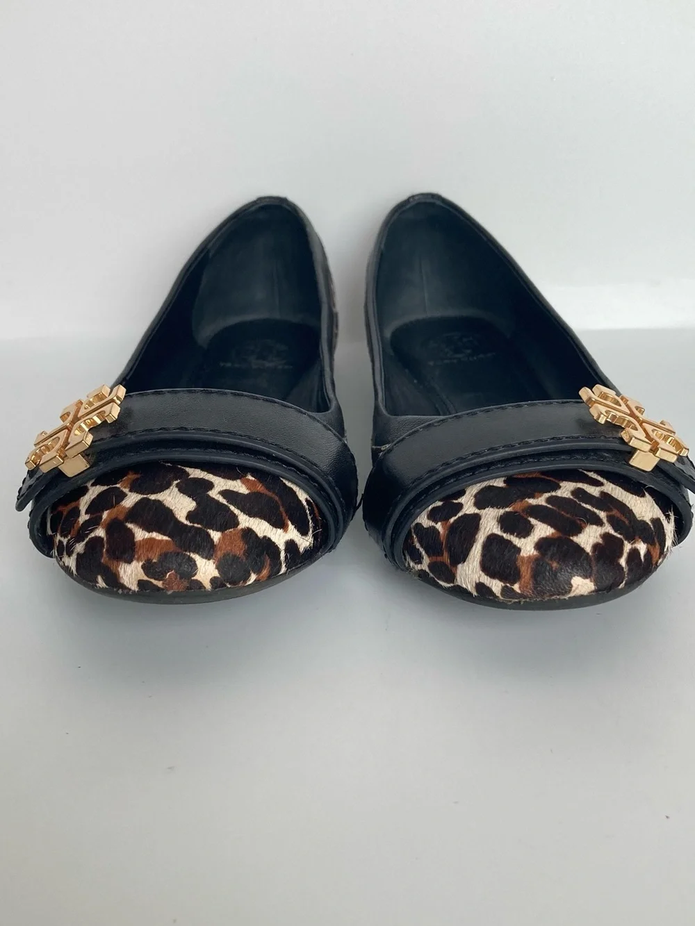 Tory Burch Eloise Black Leather & Leopard Print Cap-Toe Ballet Flats